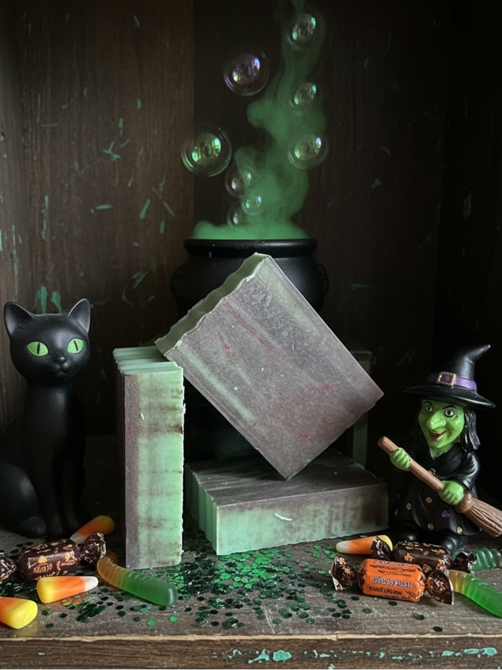 Handmade Green and Black Halloween “Witches Candy” Triple Butter Soap Bars